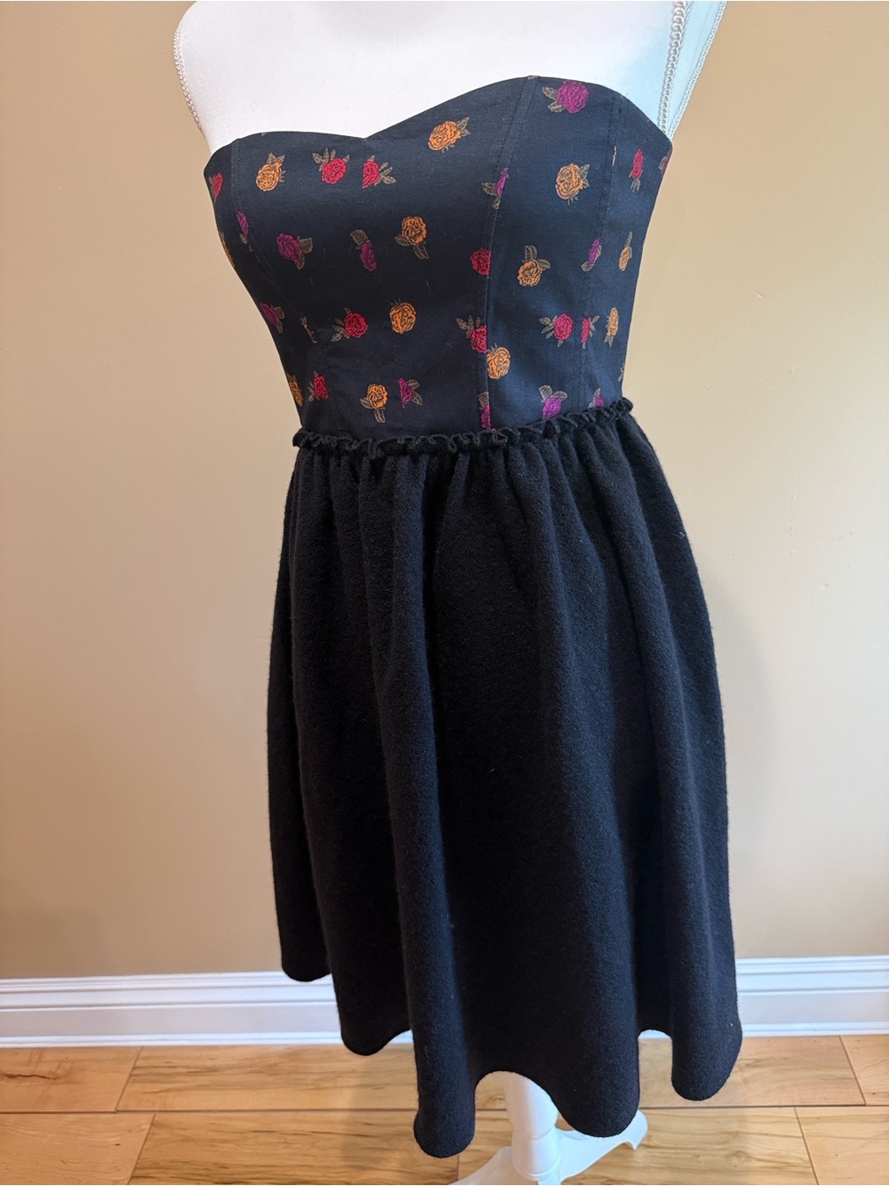 Anthropologie Maple Black Strapless Dress with Pink and Gold Rose Print
